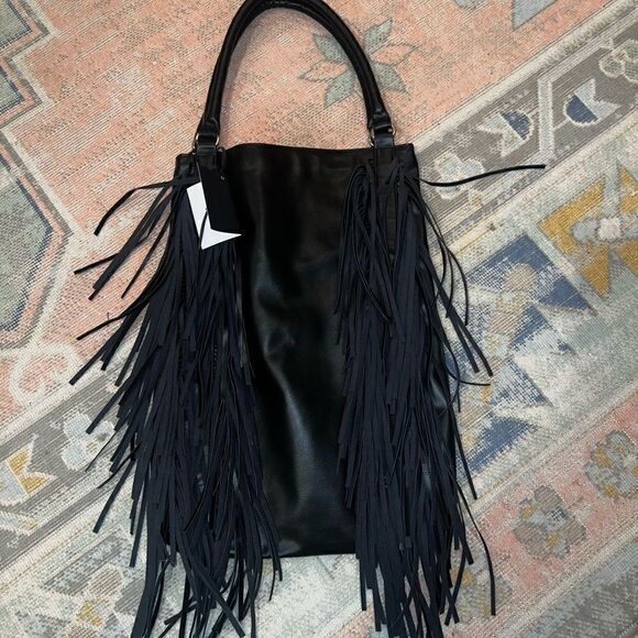 New Area Stars Black Fringe Hobo Shoulder Bag Faux Leather Spacious New w/ Tags - Picture 6 of 14